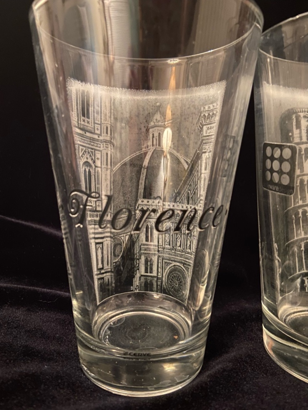 Vintage Italy Pint Glasses, CERVE, Pisa & Florence Set of 2